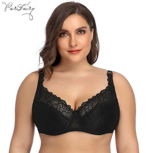 

pairfairy womens lace bra large cup plus size underwear perspective bralette lingerie underwire brassiere dd e ddd f cup 210623, Red;black