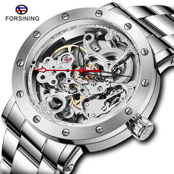 

fashion sliver skelet automatic watch full steel mechanical men man military clock relogio masculino, Slivery;brown