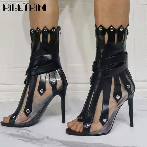 

open toe brand deisgn high heels summer boots women's sandals cover heel rivet hollow cutout peep women shoes dress, Black