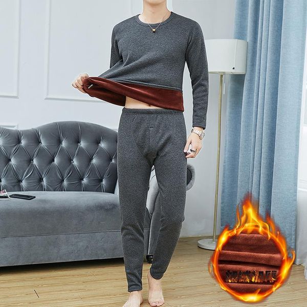 

men's tracksuits men thermal underwear set 2ps winter velvet thick warm +trousers layered clothing male long -dry, Gray