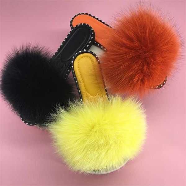 

women flip flops slippers summer fur slides for women fluffy slipper flat furry sliders jelly shoes sandals women beach real fur 211023, Black