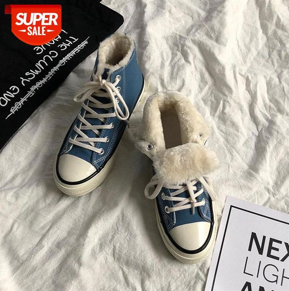 

evening star evenstar 1970s cotton shoes female wild student korean version plus velvet haze blue high canvas #f32e