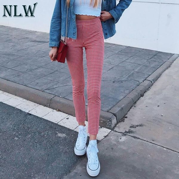 

women's pants & capris nlw casual red plaid women elastic waist trousers high stretch pencil street pantalon femme, Black;white