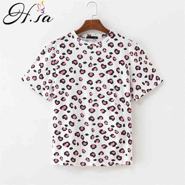 

h.sa women casual t-shirt short sleeve chic harajuku button up leopard shirts loose summer tee 210417, White