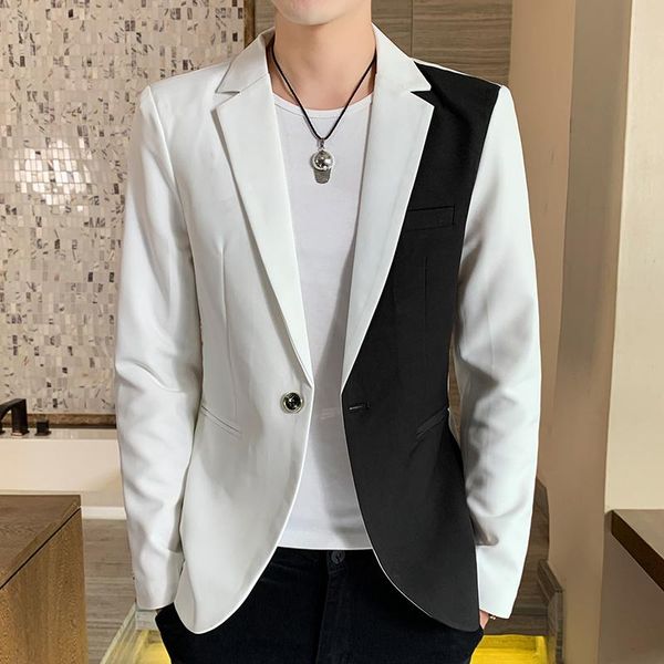 

men's suits & blazers 2021 fashion casual boutique color matching suit coat / slim fit two stitching jacket, White;black