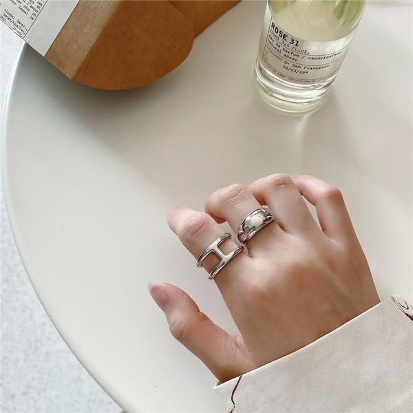 

cluster rings pofunuo real 925 sterling silver arc ring female minimalist letter h adjustable open for women luxury fine jewelry gift, Golden;silver