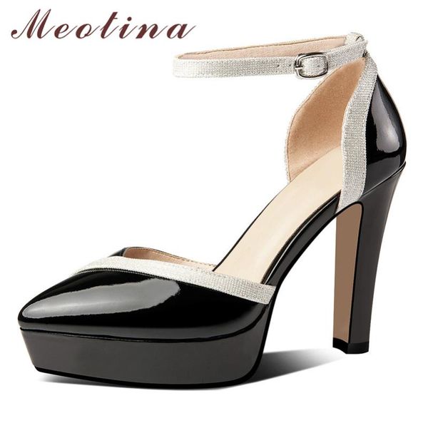 

dress shoes meotina high heels women pumps natural genuine leather block ankle strap real buckle lady size 40, Black