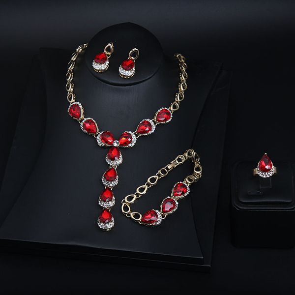 

red necklace earrings bracelet ring four piece set alloy women's suit with accessories, Silver