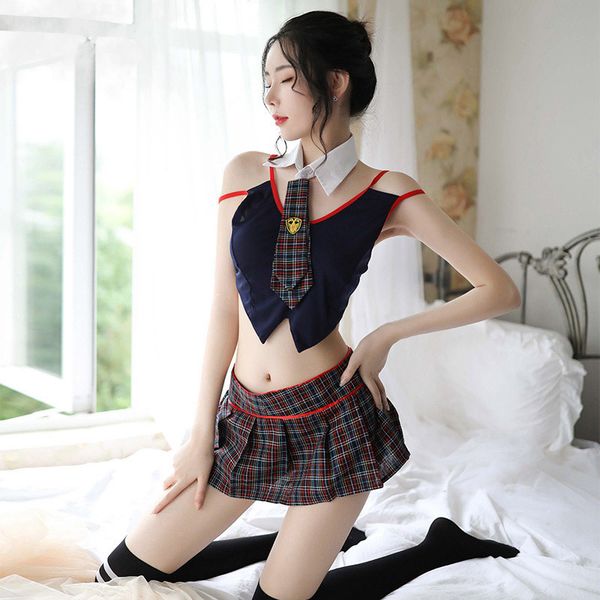

costumes 5-piece set of lingerie cosplay strap bow tie british college style uniform temptation student suit, Black