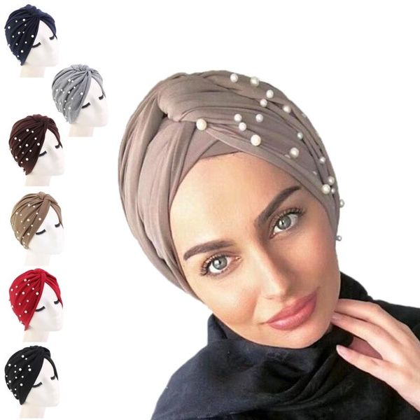 

beanie hijab caps headwear muslim women beaded elastic turban cancer hat head wrap chemo cap hair loss bonnet african beanie/skull, Blue;gray
