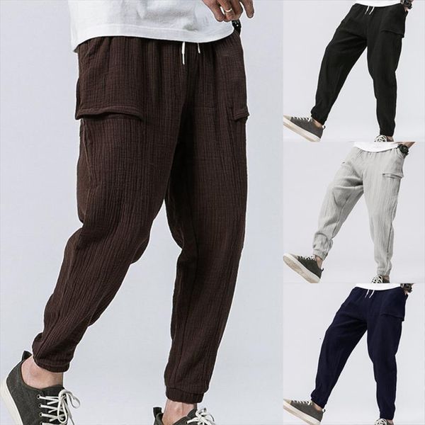 

fashion casual loose solid women pant color harem wide leg elasticated streetwear cotton linen trouser man jogger, Black