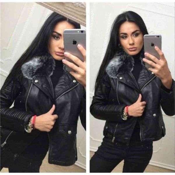 

autumn winter long sleeved warm pvc coat ladies' black leather jackets 2021 new faux lambs woman slim motorcycle bikers jacket