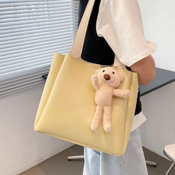 

cross body yellow casual tote bags for women big soft leather shopper bag simple handbag female bear ornaments shoulder
