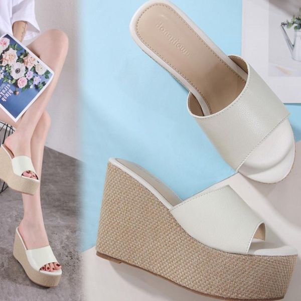 

cane knitted sandalias platform shoes women concise peep toe slippers creepers super high heels sandals heigh increasing, Black