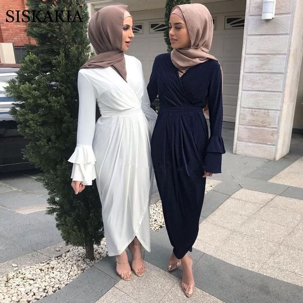 

siskakia solid irregular ruffled flare sleeve maxi dress for women middle east dubai turkey arabic hijab dresses mubarak eid casual, Black;gray
