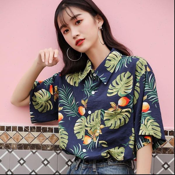 

hawaiian short sleeve summer casual women blouses printed loose beach couple, White