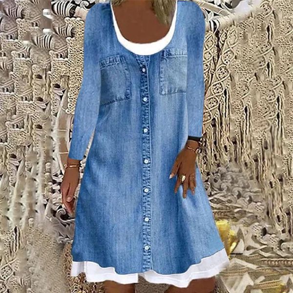 

casual dresses imitation denim long-sleeve autumn women loose fashion printed fake two-piece dress ladies elegant chic, Black;gray
