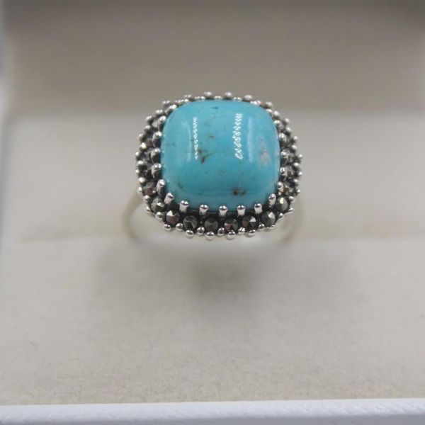 

cluster rings genuine s925 sterling silver ring blue turquoise square band 16mmw us6-8 / women gift, Golden;silver