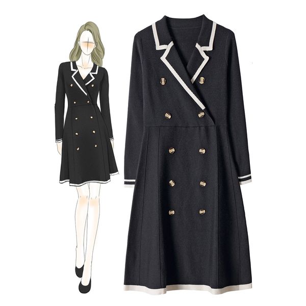 

casual dresses fall autumn black / ivory long sleeve notched-lapel contrast color panelled buttons double-breasted fashion dress & o15992007, Black;gray