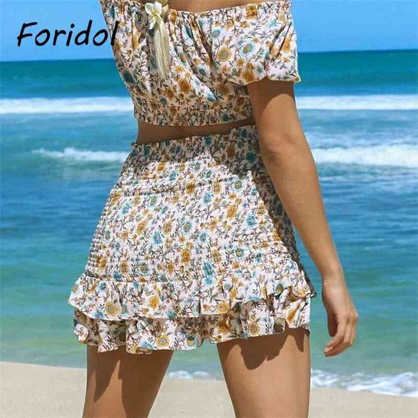 

foridol floral print cute boho skirts womens summer high waist ruffle bodycon mini skirt casual bohemian yellow short skirts 210415, Black