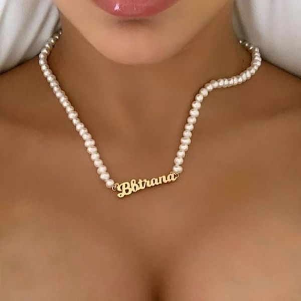 

chokers 2021fashion letter pearls choker necklace for women female elegant clavicle chain collar neck collier femme jewelry, Golden;silver