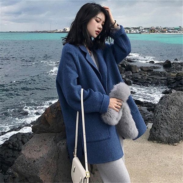 

women's wool & blends 2021 winter blue elegant blend women long coats minimalist woolen single breasted overcoat camel oversize outwear, Black