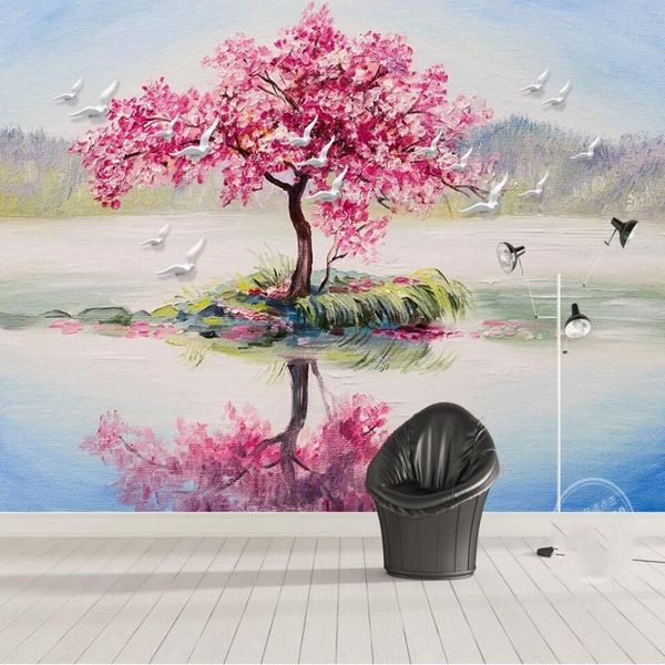 

shuhiko knife painting beautiful pink tree relief bird sofa background wall custom large fresco wallpaper papel de parede wallpapers