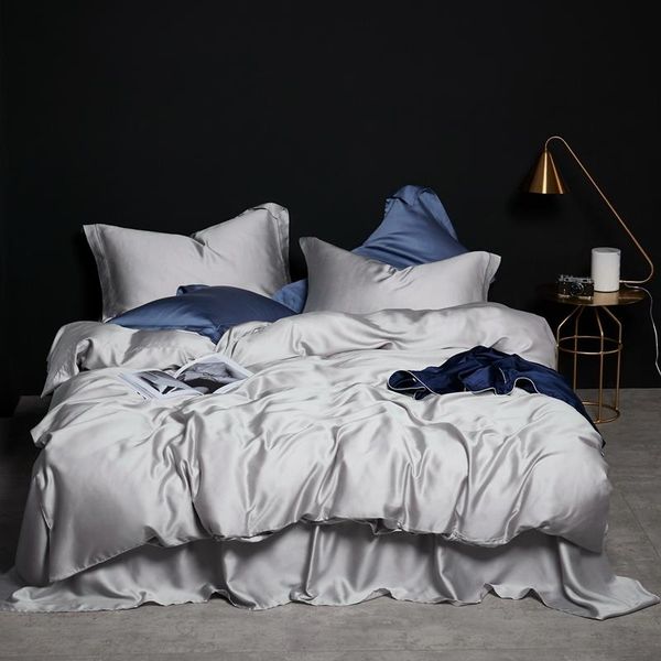 

bedding sets silver grey color premium tencel silk set luxury  king size summer duvet cover bed sheet breathable ultra soft
