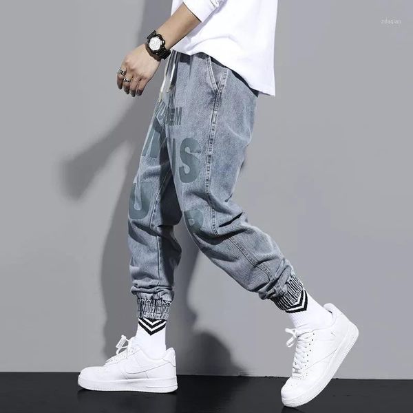 

men's jeans men high street casual harem pants letter print sweatpants trousers drawstring homens fashion loose baggy, Blue