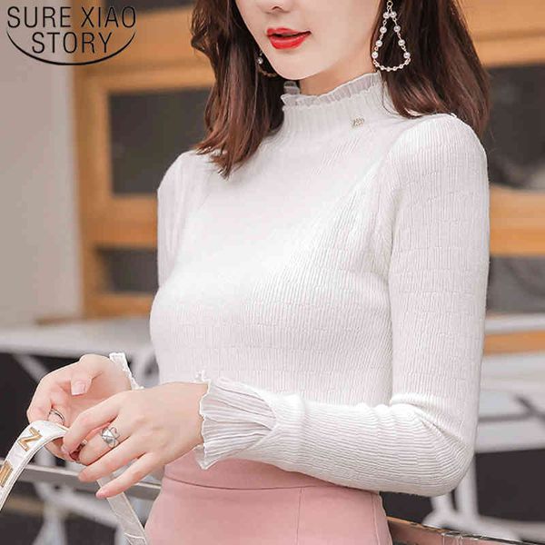 Camisola de malha de inverno Sueter Mujer Invierno Mulheres Turtleneck Pullovers Harajuku Sólido Branco Rosa Top 6483 90 210510