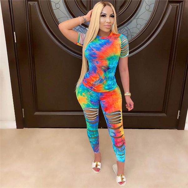 

propcm pants women tie dye sports clothing sets lady pullover short sleeve o neck t shirt + high waist knee length shorts, White