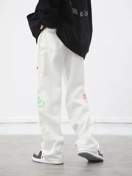 

2021retro pocket letter print straight cargo pants men and women oversize jeans trousers harajuku streetwear casual denim men's, Blue