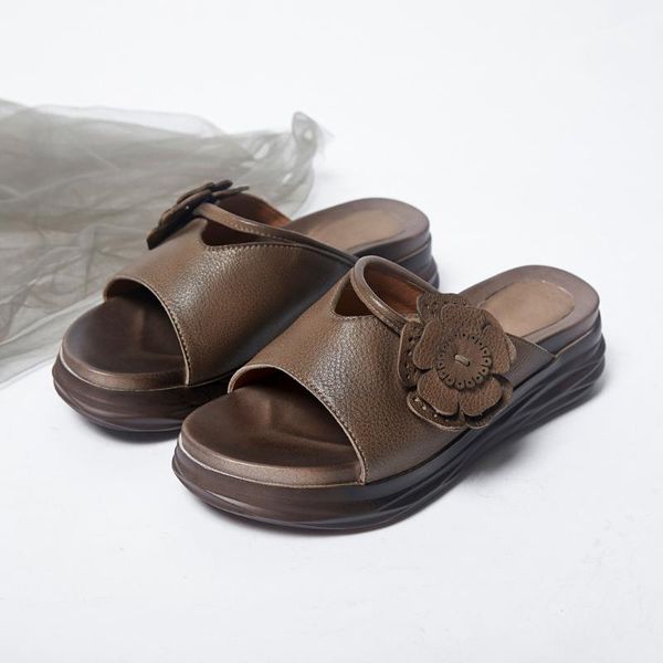 

slippers 2021 summer with sandals and women wearing suede leather retro flowers outdoor handmade thick bottom, Black