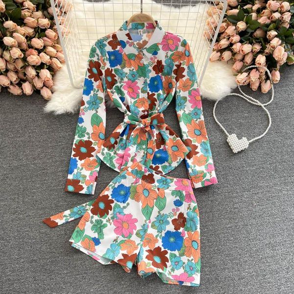 

women's tracksuits chic two pieces floral clothing set 2021 summer autumn single breasted blouse shirt +short lady streetwear office su, Gray