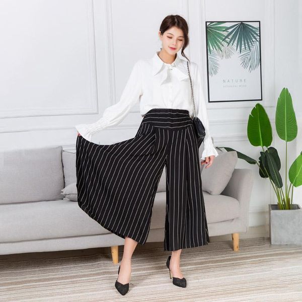 

women's pants & capris 2021 women wide leg chiffon contrast stripes high waist ladies ankle-length trousers female summer loose xl-4xl, Black;white