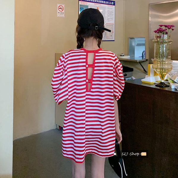 

women's t-shirt sleeve long red stripe with short sleeves in the backless dress female coat summer of 2021, White