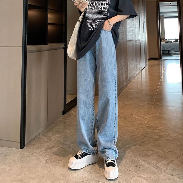 

women's jeans simple full length woman high waist denim straight pants loose casual mom plus size trousers women, Blue