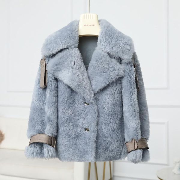 

women's fur & faux natural in one wool coat short merino leather lamb locomotive style, Black