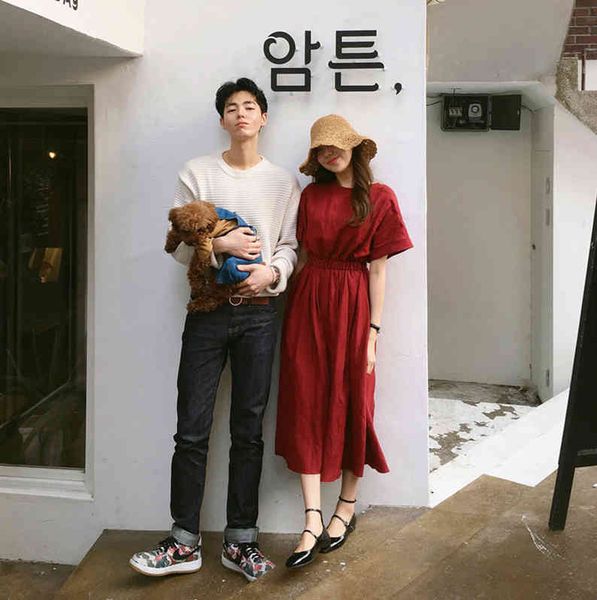 

summer dress women cotton linen ol casual bat sleeve es female o neck solid red boho robe femme vestido 210423, Black;gray