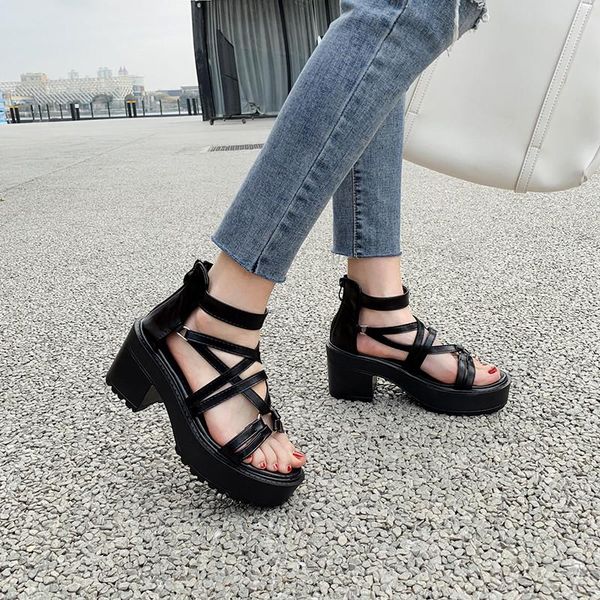 

summer platform cross strap black gladiator sandals women punk gothic rock shoes chunky block high heels