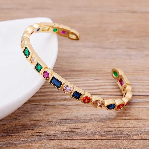 

10 styles gold filled blue green red pink baguette cubic zirconia open cuff bangle bracelet women fashion jewelry gifts q0717, Black