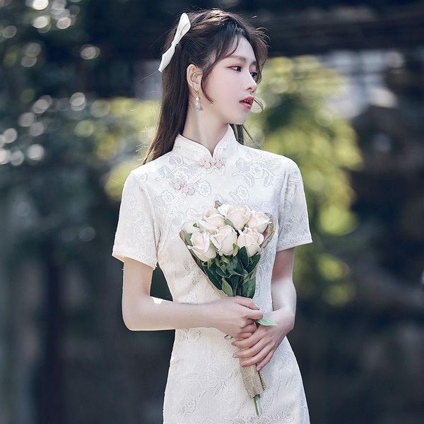 

ethnic clothing traditional chinese girl slim cheongsam short sleeve dancing gown vintage ladies qipao vestidos white elegant evening dress, Red