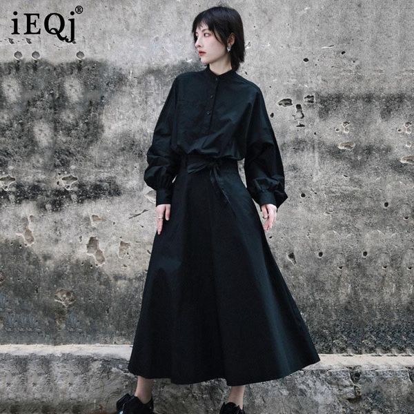 

casual dresses ieqj women shirtdress stand collar long puff sleeve loose lace up a-line wide hemhigh street fashion tide summer 2021, Black;gray