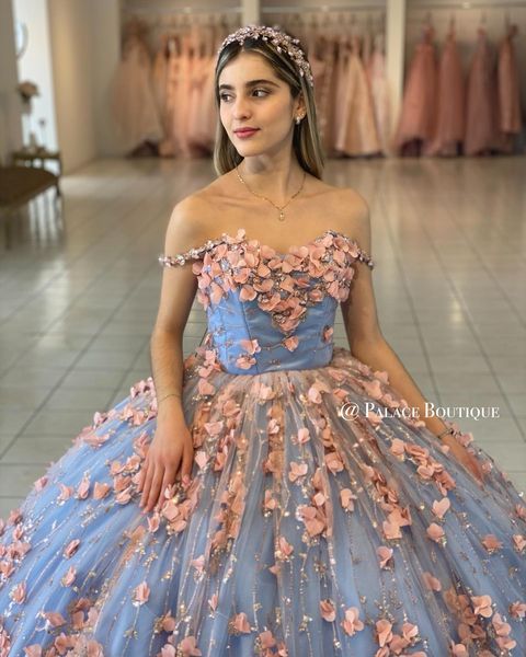 

light sky blue 2022 quinceanera dresses floral appliqued beaded off the shoulder princess ball gown prom party wear sweet 16 dress vestidos, Blue;red
