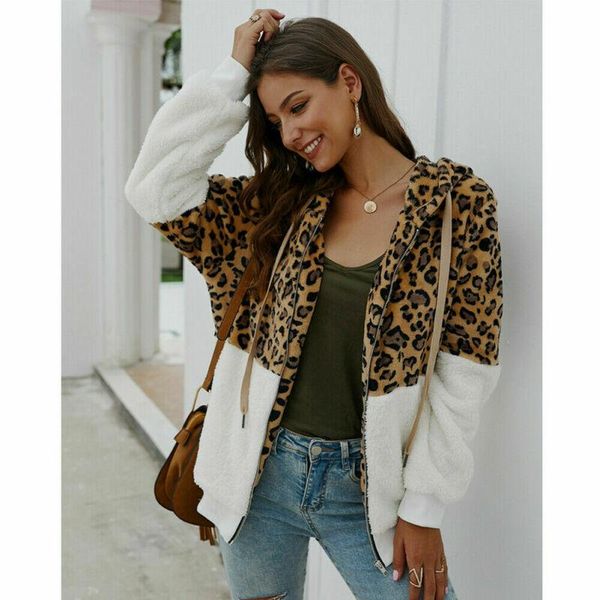 

women's jackets winter women plush stitch leopard coat thick hooded loose pocket zipper streetwear fashion warm outwear 2021, Black;brown