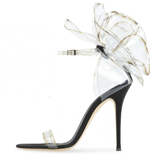 

sandals transparent pvc thin high heel women narrow band flower decor ankle strap sandalias summer party dress shoes 2021 mio, Black