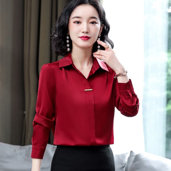 

korean silk women shirts long sleeve woman blouses shirt satin v neck plus size ladies 210427, White