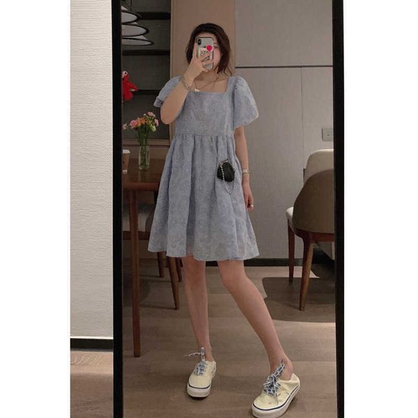 

salt milk air bubble water chime be french square neck jacquard sleev show thin a-line short drs femininity, Black