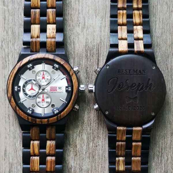 

wristwatches customized with own logo watch man multi-function wooden custom oem laser engrave your dropship kh1020-1, Slivery;brown