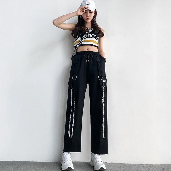

women's pants & capris harajuke high waist cargo with chain women fashion streetwear long trousers female hip hop casual loose black, Black;white